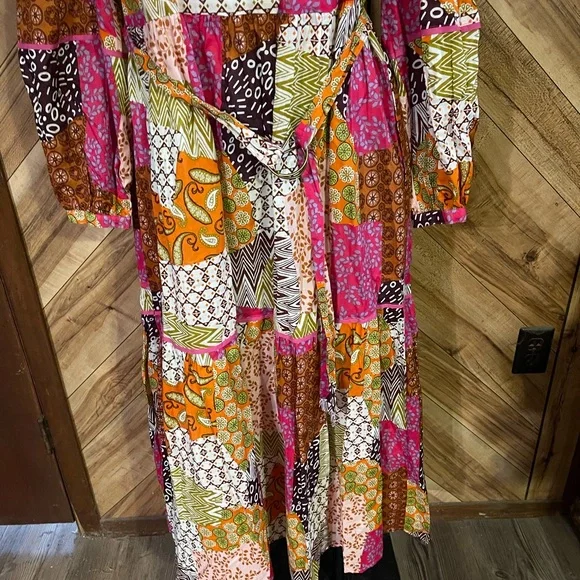 FATE Women's Medium Happy For You Patchwork Midi Dress Fuchsia Pink Boho - Picture 5 of 10